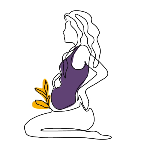 dessin femme enceinte de profil caressant son ventre, en un seul trait. tee-shirt violet et feuille jaune