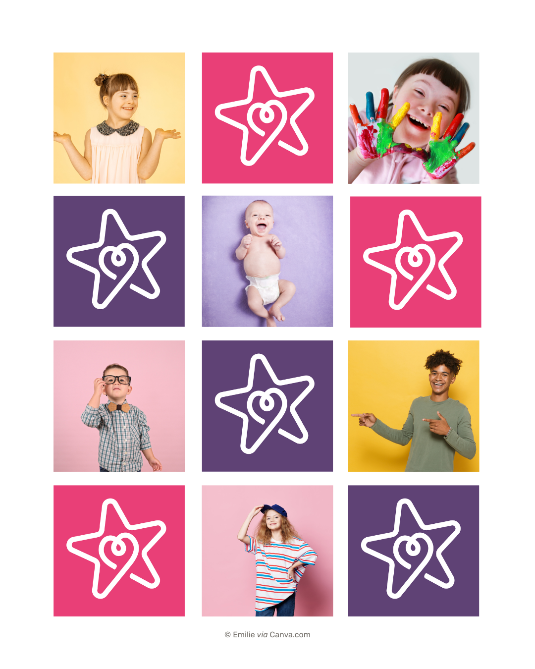 Mosaique de photos d'enfants de tous âge, y compris porteurs de handicap, filles et garçons, alternant avec le logo de l'Etoile des Familles, c'est à dire le coeur dans l'étoile sur fond rose ou violet.
