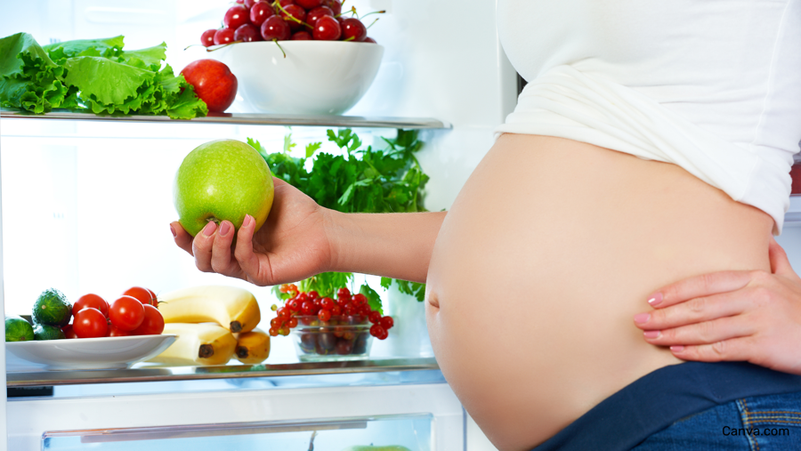 femme enceinte attrapant une pomme dans un frigo rempli de fruits et légumes