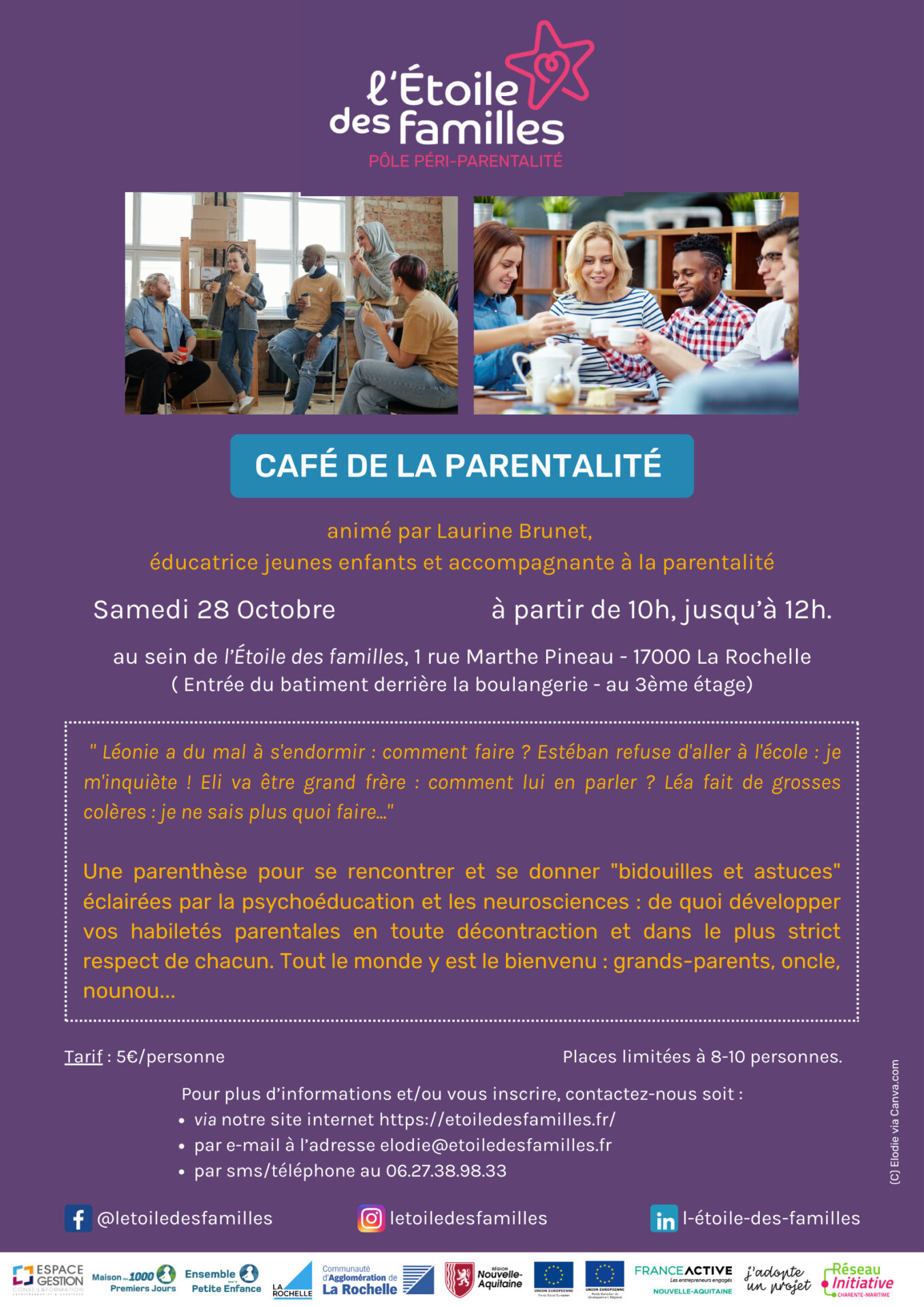 affiche pour le café de la parentalité du 28 octobre 2023, à 10h, dans les locaux de l'Étoile des familles.