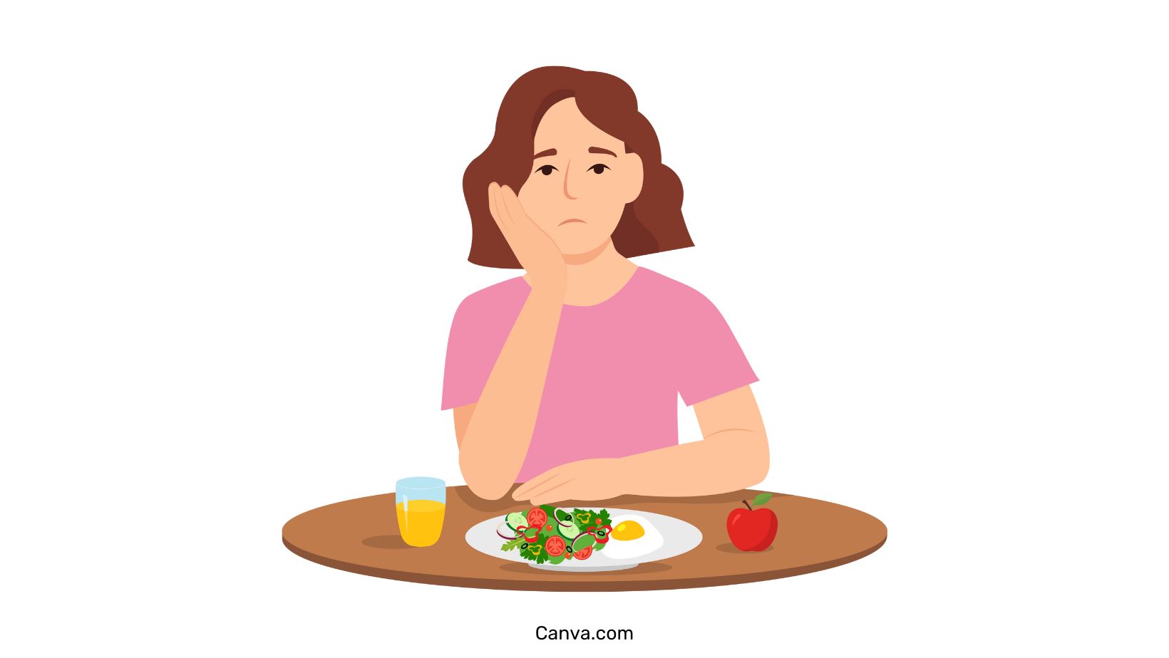 dessin d'une femme perplexe devant son assiette de nourriture