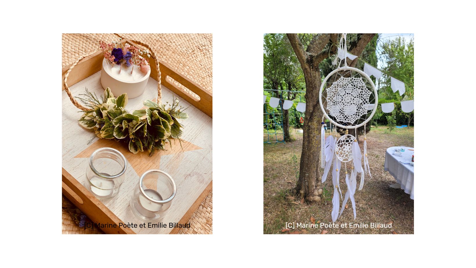 deux photos, l'une d'un attrape-rêve blanc et l'autre d'un plateau contenant des bougies et une couronne polynésienne de fleurs